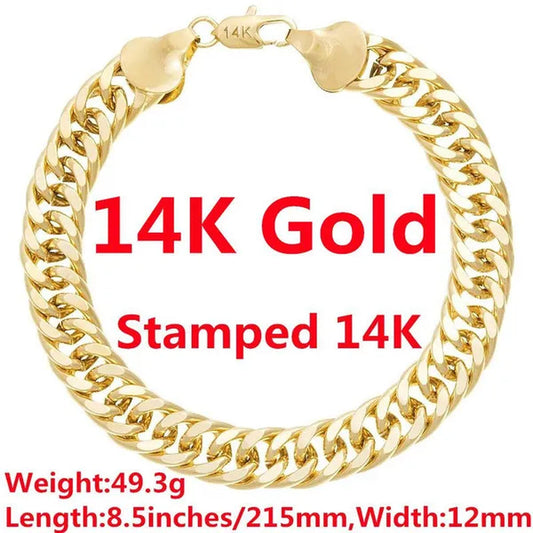 14K Solid Yellow Gold Bracelet Chain For Men Jewelry Women Jewelry 215mm 8.5" Wide 12mm Stamped 14K