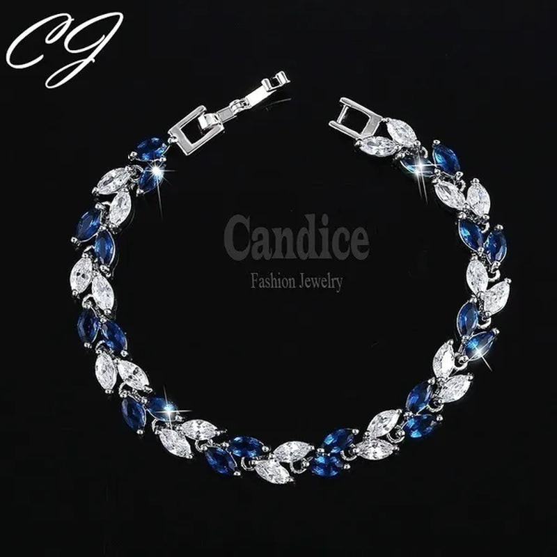 CANDICE 100% Real Silver Female Jewelry Simple Leaf Shape Multicolor Cubic Zirconia Strand Bracelet For Lady