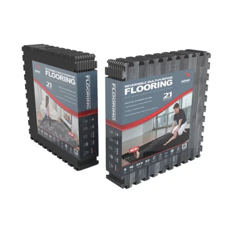 Norsk 25" X 25" Reversible Foam Flooring, Gray Wood & Black, 8 Tiles
