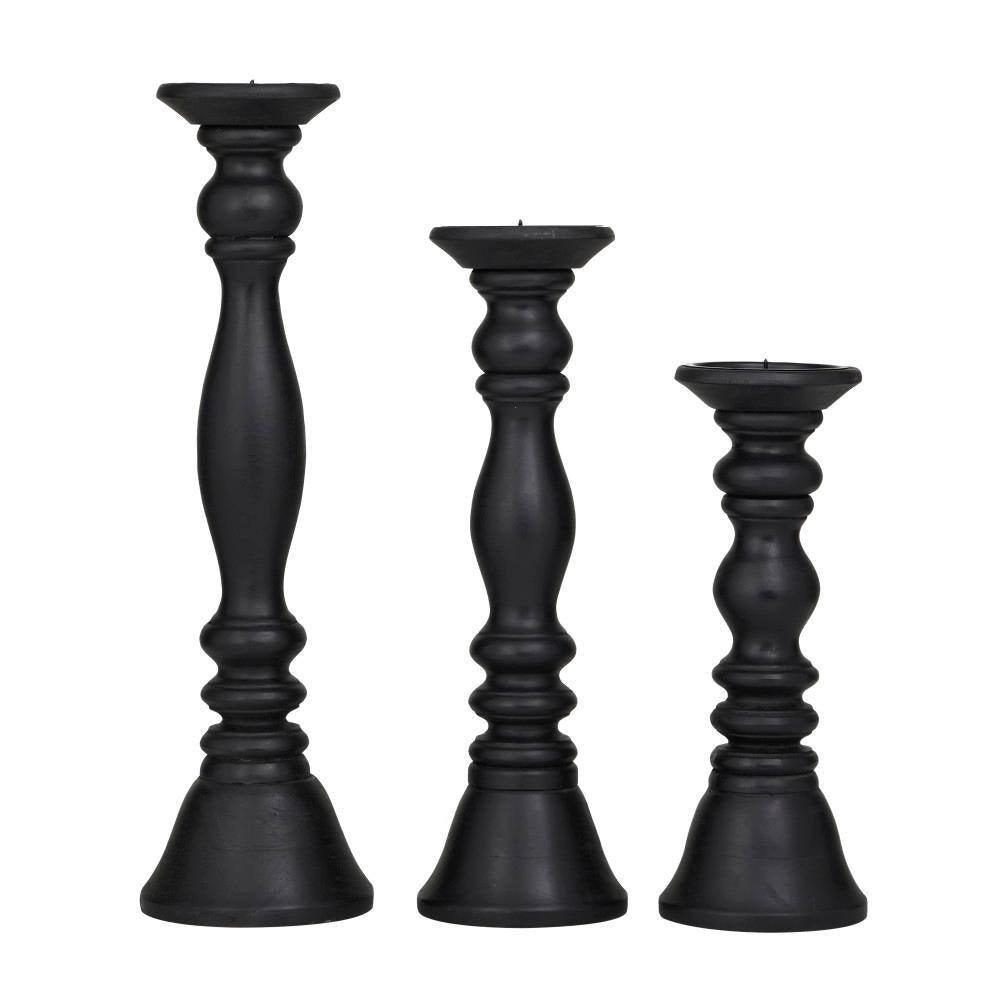 Black Wood Turned Style Pillar Candle Holder (Set of 3)