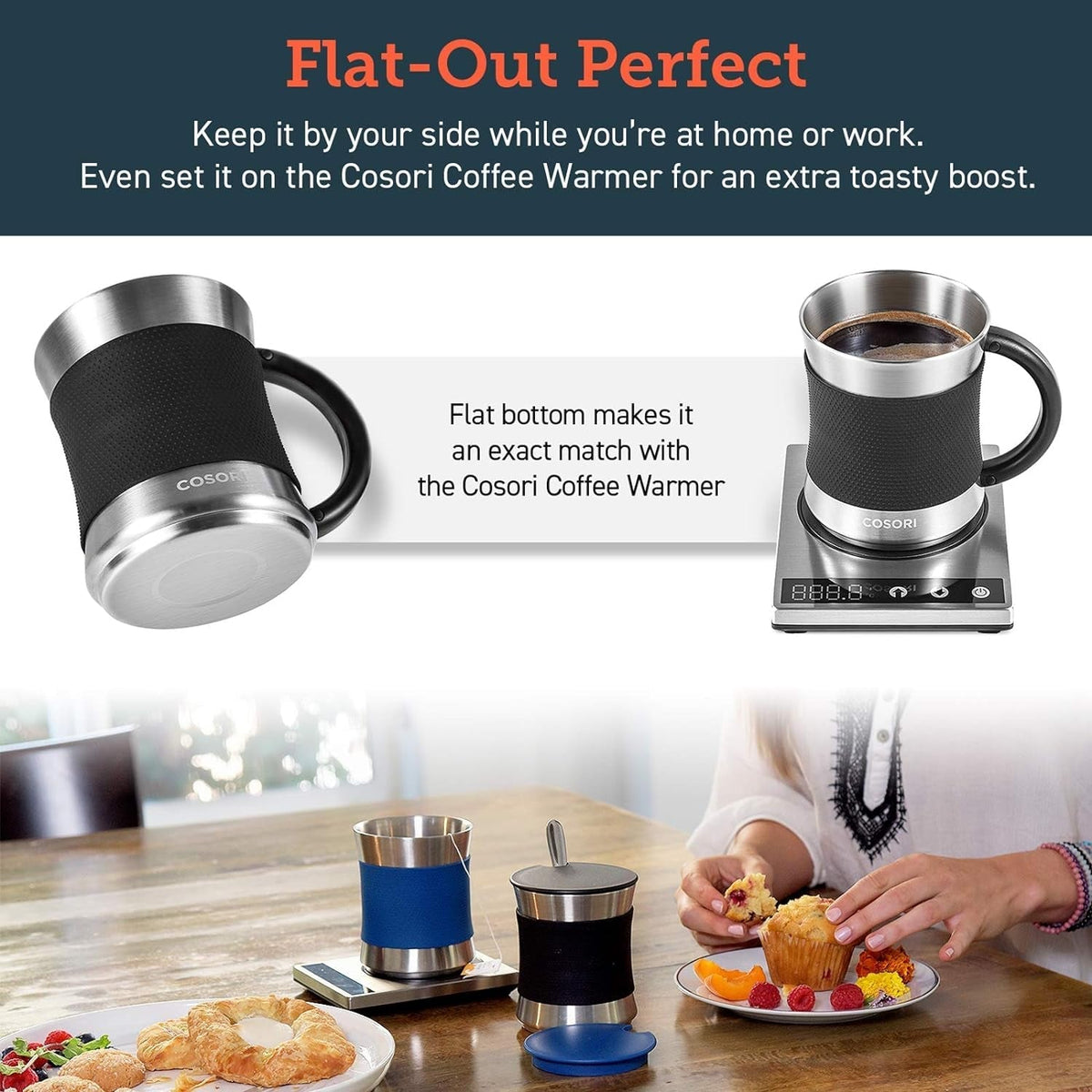 Coffee Mug with Lids Set of 2, Stainless Steel Cups with Heat-Resistant Handle & Slip-Resistant Sleeve, 17 Oz, Best Match W/Mug Warmer, for Coffee,Tea,Water,Cocoa, Milk, C1601-CM, Black & Blue
