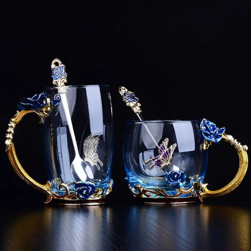 Red Blue Rose Enamel Crystal Cup Flower Tea Cup Butterfly Glass Water Cups Flower Mug with Spoon Set Perfect Gift for Lover Wedding