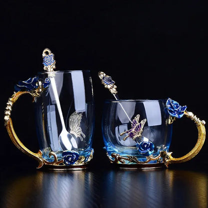 Red Blue Rose Enamel Crystal Cup Flower Tea Cup Butterfly Glass Water Cups Flower Mug with Spoon Set Perfect Gift for Lover Wedding