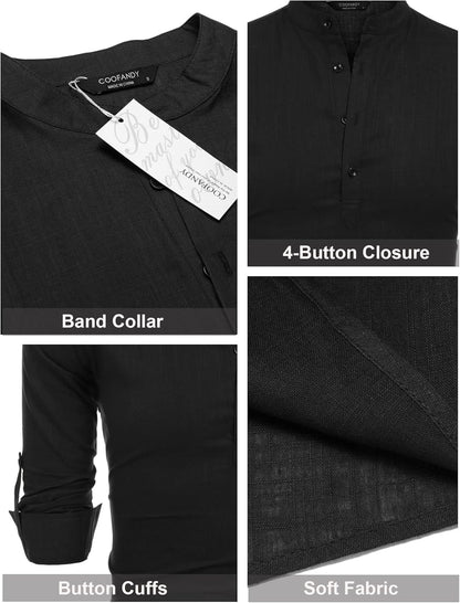 Men'S Cotton Linen Henley T-Shirts Long Sleeve Hippie Casual Beach T-Shirts