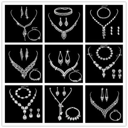 Women's Jewelry Set Rhinestone Crystal Bride Statement Choker Necklace Tiara Crown Link Bangle Bracelet Teardrop Dangle Earrings Set for Wedding Party Silver Plated White Crystal Necklace Earrings Bracelet