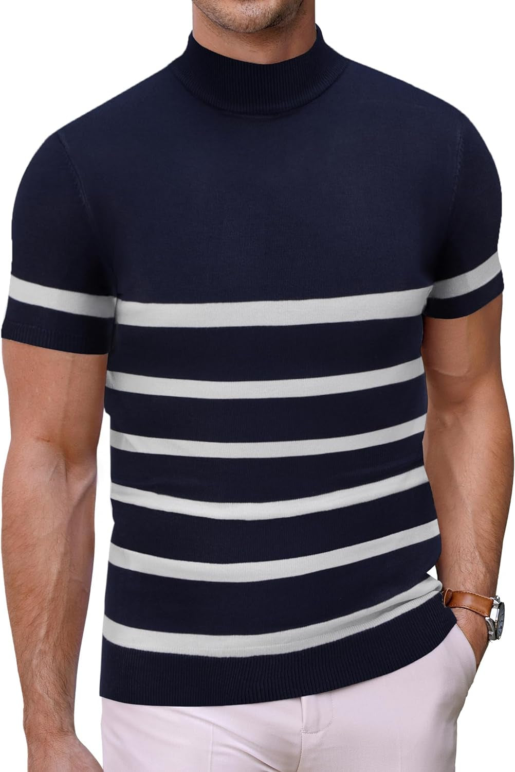 Mens Mock Turtleneck Sweater Short Sleeve Solid Color T-Shirts Basic Slim Fit Knitted Pullover Tees