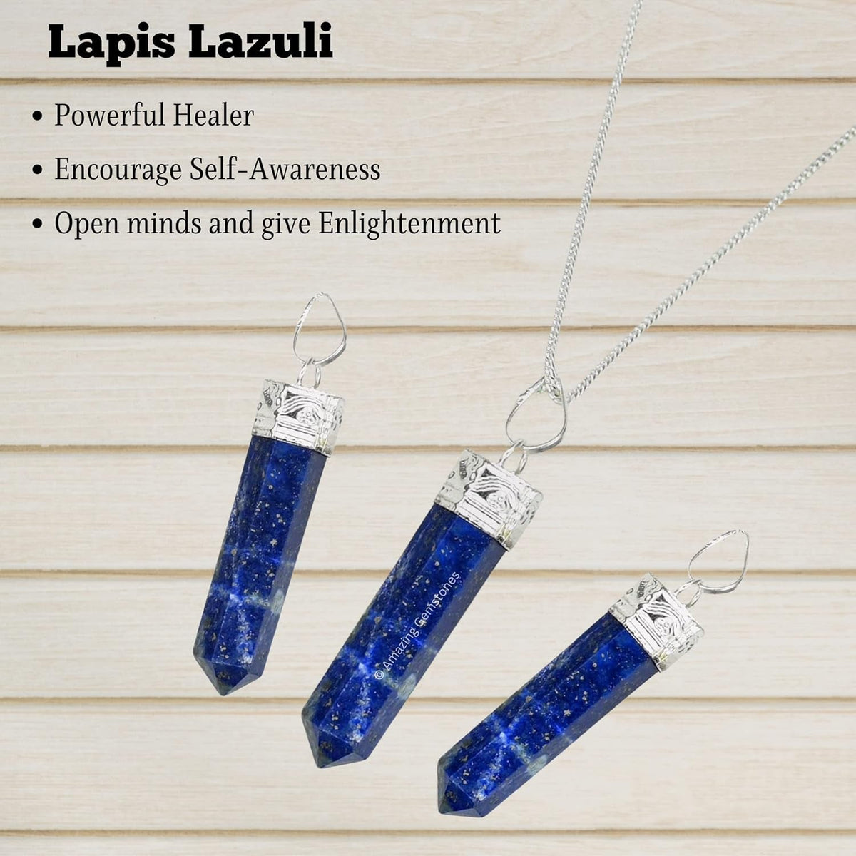 Lapis Lazuli Crystal Pencil Point Pendant Necklace with Adjustable Cord - Natural Healing Crystals and Stones for Men, Women