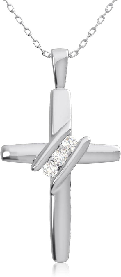 10K Diamond Three-Stone Cross Pendant Necklace Religious Jewelry (0.05Cttw, I-J/I2-I3) 18"