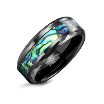 8MM Tungsten Carbide Rings Inlay Multi-color Rainbow Abalone Shell Faceted Edge Cut Wedding Band for Men's Engagement Promises Jewelry Anniversary Gift