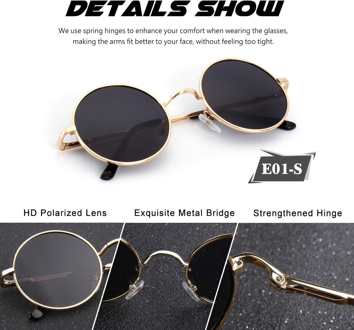 Retro round Polarized Sunglasses Mens Womens Circle Metal Hippie Shades UV400 Protection E01