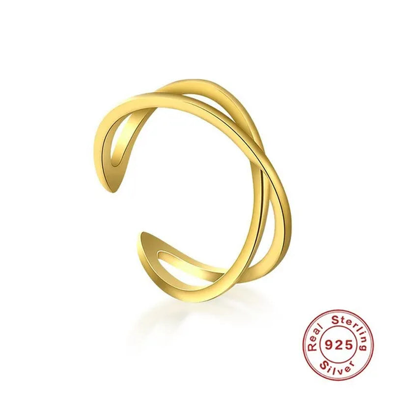Sterling 925 Silver Open Adjustable Ring Women Female's X Cross Shape Zircon Ring Girls' Gold Color Simple Finger Jewelry
