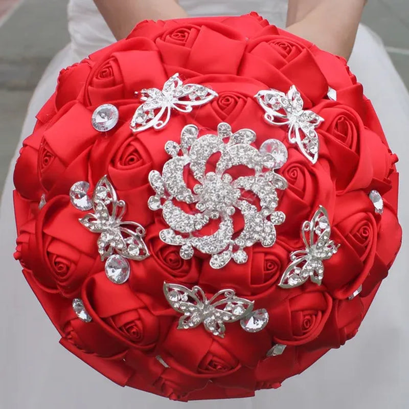 18CM Stunning Red Butterfly Diamond Flowers Brooch Stitch Wedding Bouquet Mariage Polyester Bride Holding Flowers Ribbon Bridesmaid Bouquet