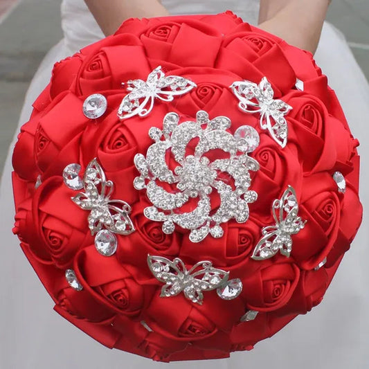 18CM Stunning Red Butterfly Diamond Flowers Brooch Stitch Wedding Bouquet Mariage Polyester Bride Holding Flowers Ribbon Bridesmaid Bouquet