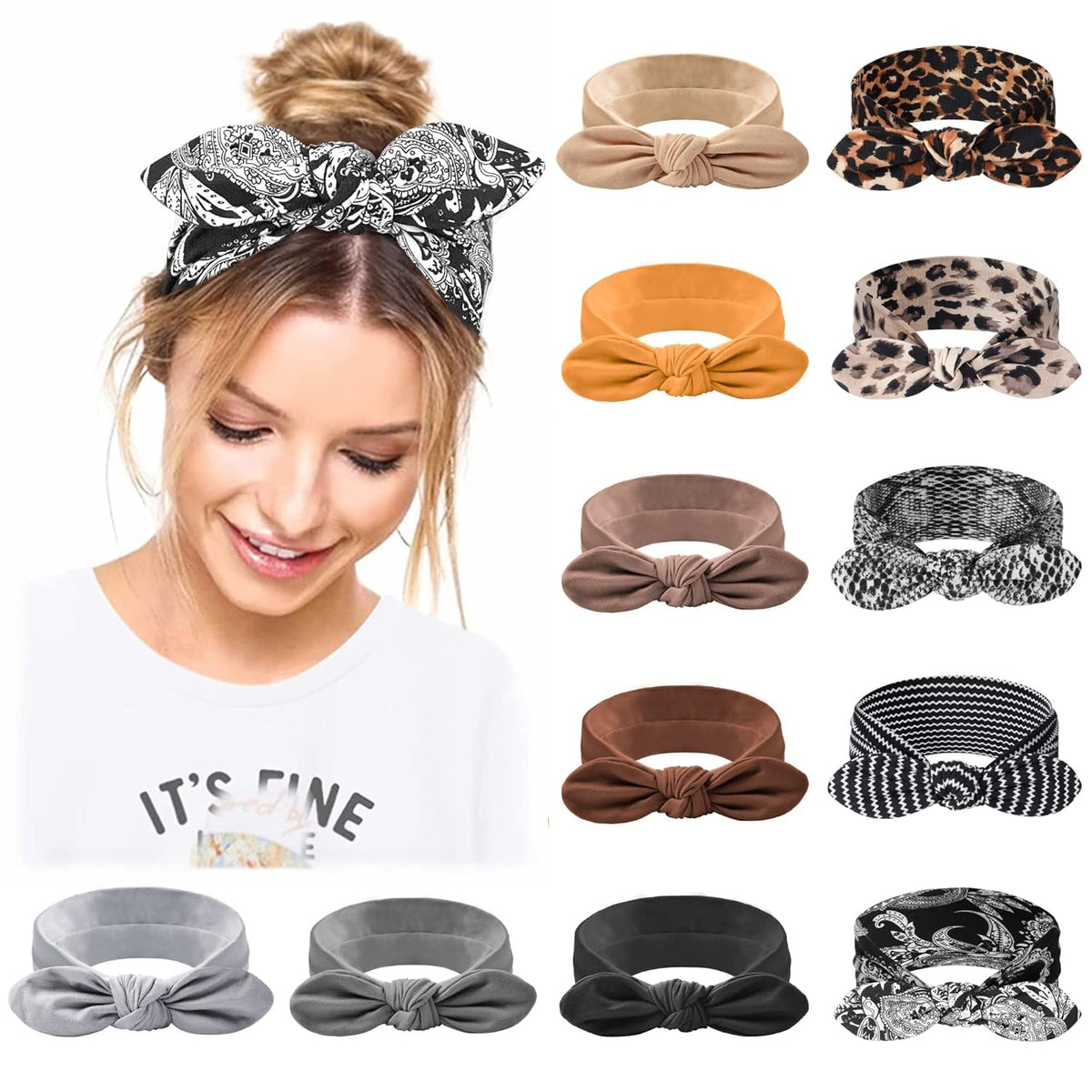 Headbands for Women Non Slip Hair Bands with Bows Rabbit Ears Workout Running Sport Sweat Elastic Hair Wrap for Girls Hair Accessories 12 Pack