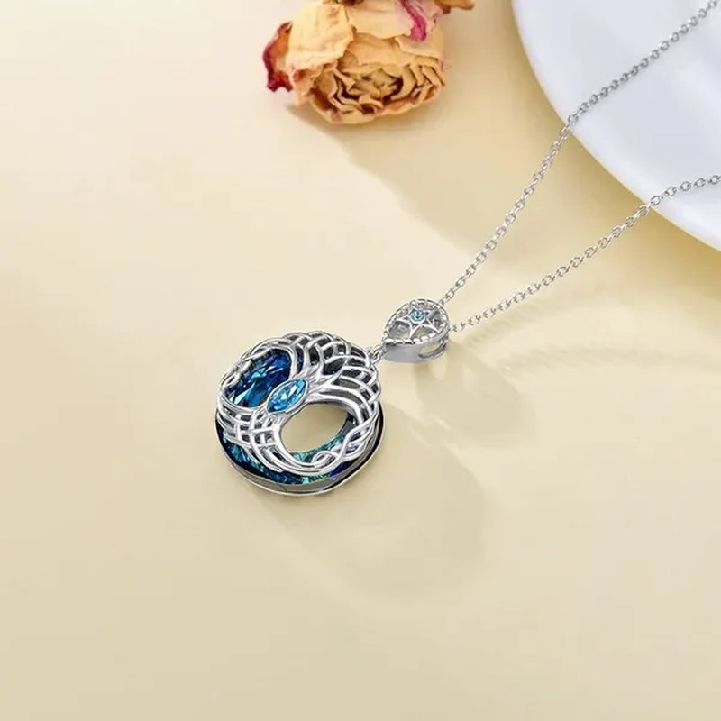 European and American Fashion Women Celtic Life Tree Crystal Pendant Necklace 925 Sterling Silver Star Round Sapphire Necklace Anniversary Party Birthday Gifts for Daughte