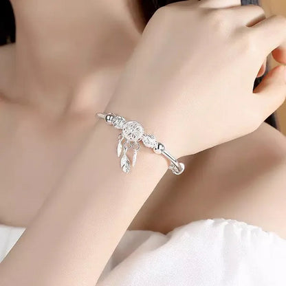 NEW 925 Sterling Silver Dreamcatcher Tassel Feather Round Bead Charm Bracelet & Bangle Earrings for Women Elegant Jewelry Set Gifts