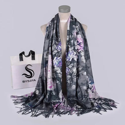 [BYSIFA] Purple Roses Women Scarves Shawl For WInter New Design Warm Long Cashmere Pashmina Double Faces Ladies Scarves Wraps