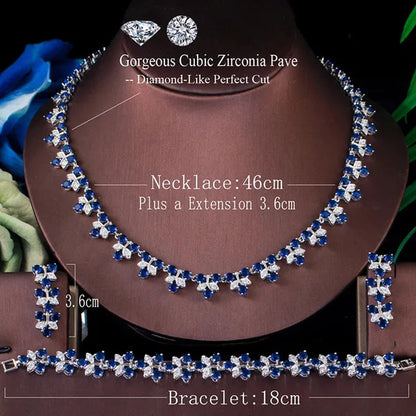 CANDICE Prom Party 3Pcs Jewelry Set Pave Blue Cubic Zircon Leaf Flower Charm Necklace Earrings and Bracelet for Ladies