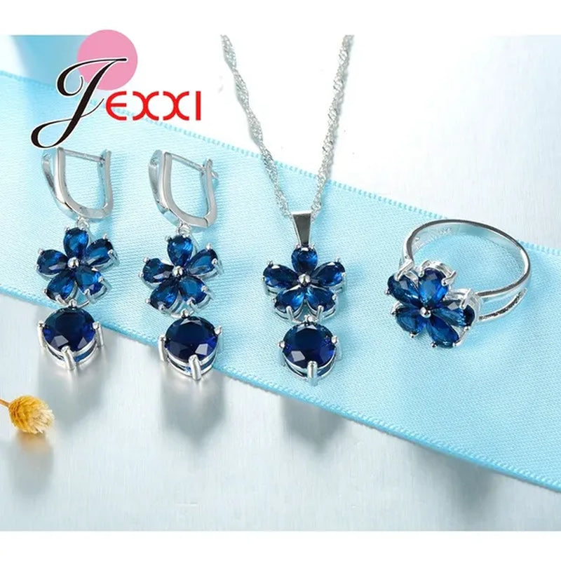 Flower Blue Crystal Sterling Silver Women Trendy Necklace Earrings Ring Bridal Wedding Jewelry Set