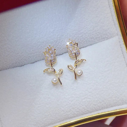 18K Gold Rose Flower Women's Diamond Earrings Shiny Zircon Bohemian Stud Earrings Engagement Wedding Jewelry