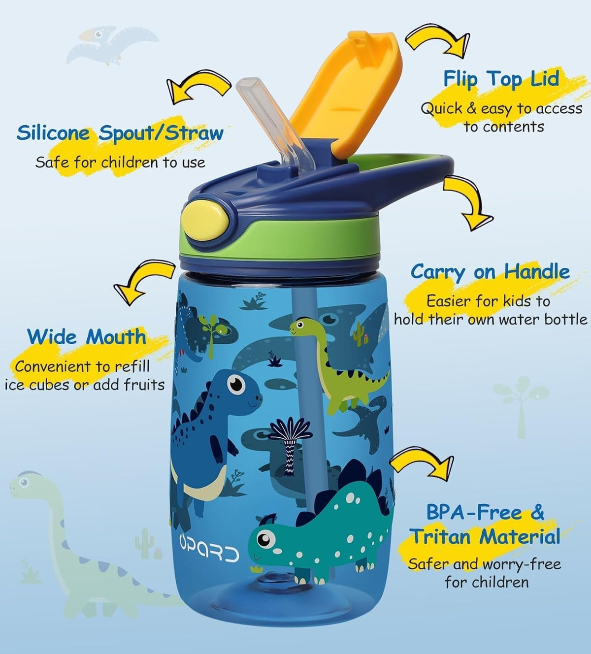 Kids Water Bottle, BPA Free Tritan 13.5Oz Water Bottle with Leakproof Lid, Straw & Carrying Loop for Toddlers