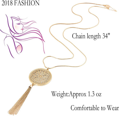 Long Necklaces for Woman Disk Circle Pendant Necklaces Tassel Fringe Necklace Set Statement Pendant