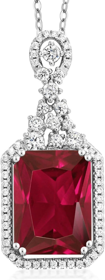 5.60 Cttw Red Created Ruby Pendant Necklace for Women | 925 Sterling Silver | Emerald Cut 14X10MM | with 18 Inch Silver Chain