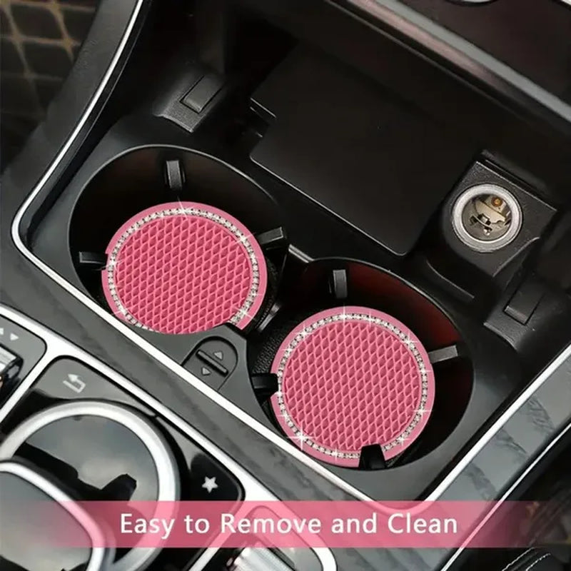 1Pc/2Pcs Car Cup Coaster, Crystal Rhinestone Car Interior Accessories, Easy To Clean, Non-Slip, Heat Resistant, Universal 7cm Anti-Slip Silicone Cup Holder Coasters For Car, Cute Vehicle Interior Decor