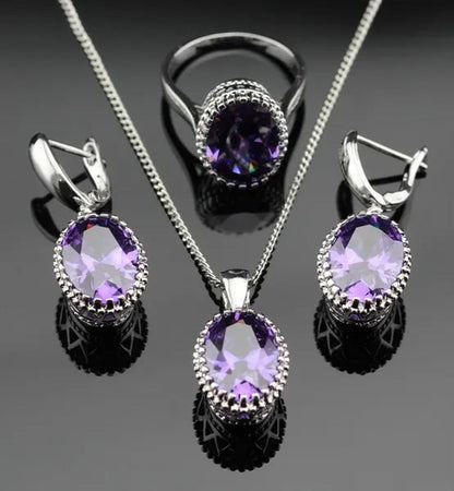 Oval Purple Amethyst Gem Stones Zircon Silver Jewelry Set Necklace Pendant Earrings Ring For Women