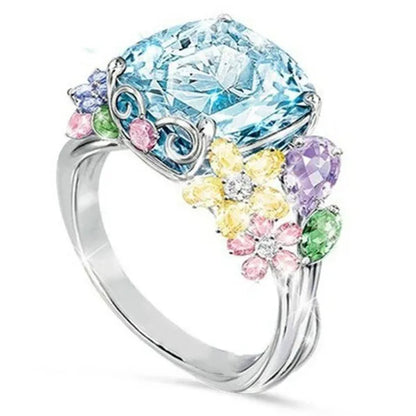 Unique Flower  Silver Multicolor Gemstone Aquamarine Square Princess Ring Woman Engagement Ring Anniversary Statement Natural Gemstones Pink Sapphire Ring