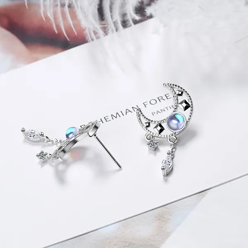 925 Sterling Silver Hollow Moon Zircon Tassel Dangle Earring Elegant Colorful Moonstone Earring For Women Jewelry