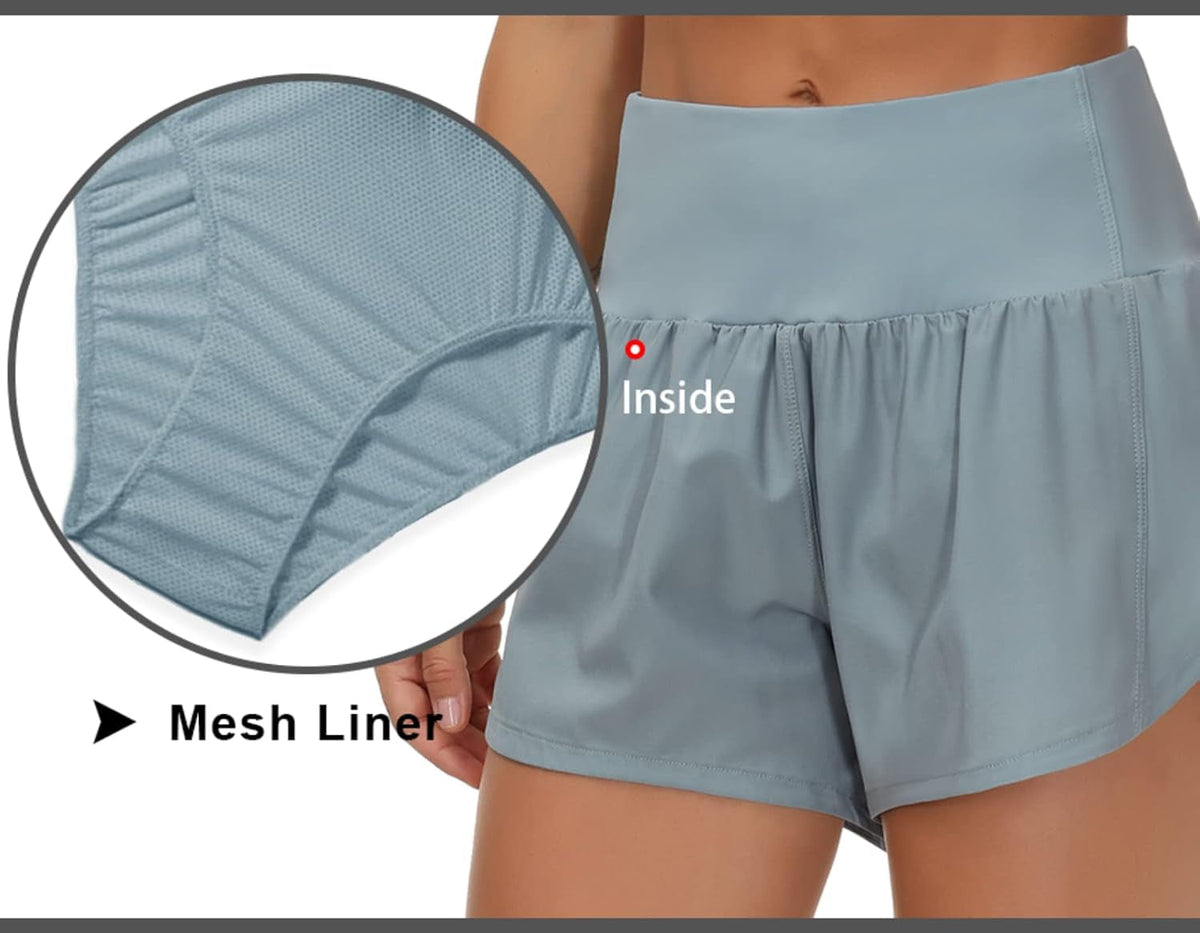 Womens High Waisted Running Shorts Quick Dry Athletic Workout Shorts with Mesh Liner Zipper Pockets
