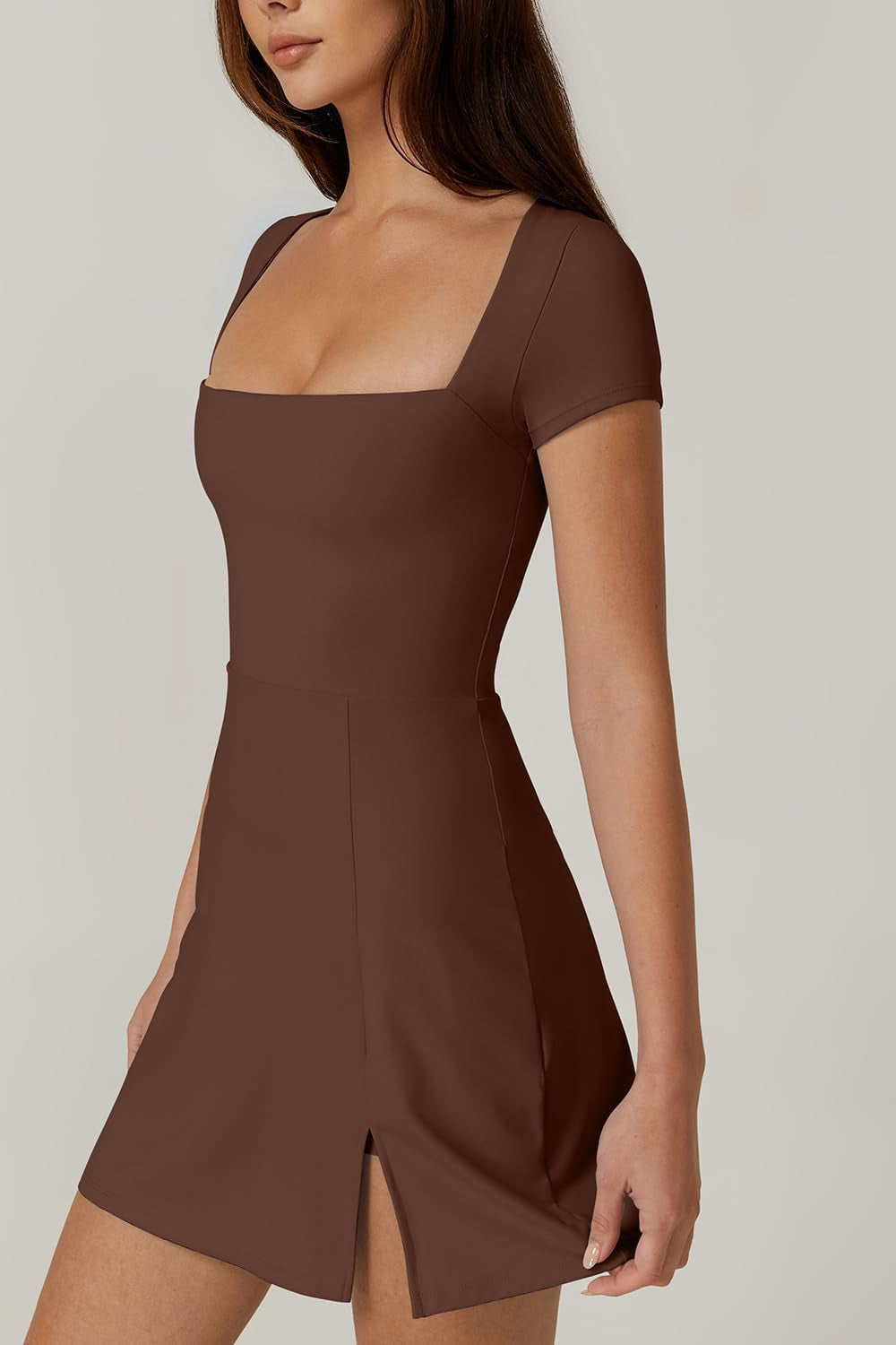 Womens Square Neck Tennis Dress Short Sleeve Built in Shorts Golf Athletic Dress with Pockets