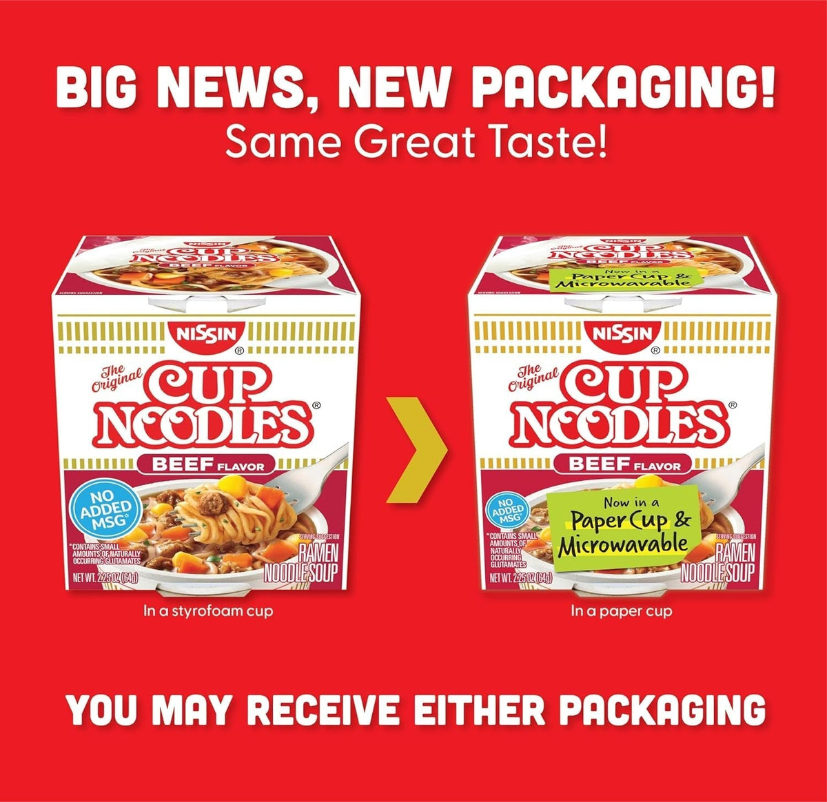 Cup Noodles Soup, Beef Flavor, Microwaveable Paper Cups, Instant Ramen, 2.25 Ounce (Pack of 12)