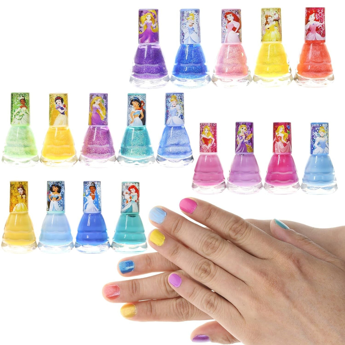 Disney Princesses Super Sparkly Peel-Off Nail Polish Deluxe Present Set for Girls, 18 Colors