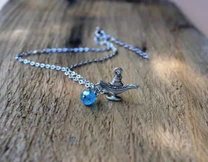 Magic Lamp Necklace,  Necklace, Lamp,  Costume,Silver Necklace, Fairytale Necklace with Birthstone Bead