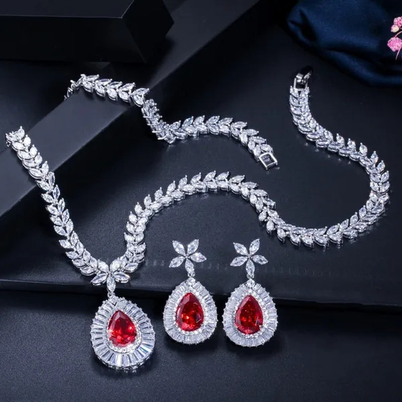 CANDICE Luxury Bridal Red CZ Stone Costume Jewelry Sets Pear Drop Red Zirconia Party Necklace Earrings Set For Women Wedding