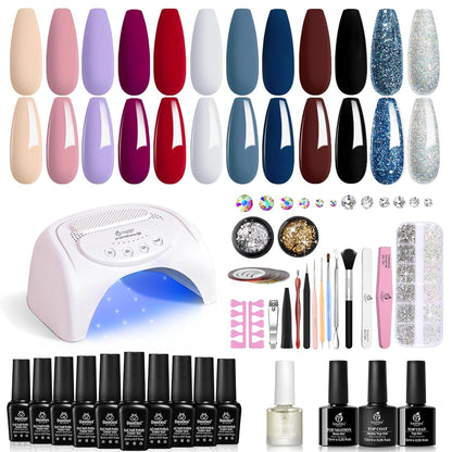 Beetles Gel Nail Polish Kit with 48W light 18 Pcs Gel Starter Kit,6 colors Nude Pink French White Glitter Gel Polish Soak Off Base Top Coat Gel Art Manicure Kit