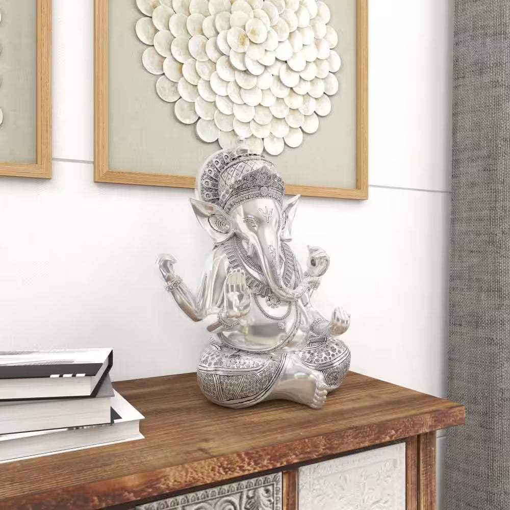 Silver Polystone Meditating Ganesh Sculpture with Engraved Carvings and Relief Detailing