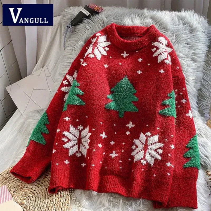 VANGULL Brand Women Christmas Snowflake Pullover Sweater Autumn Winter Thicken Casual Soft Loose Round Neck Long Sleeves Knitted Top