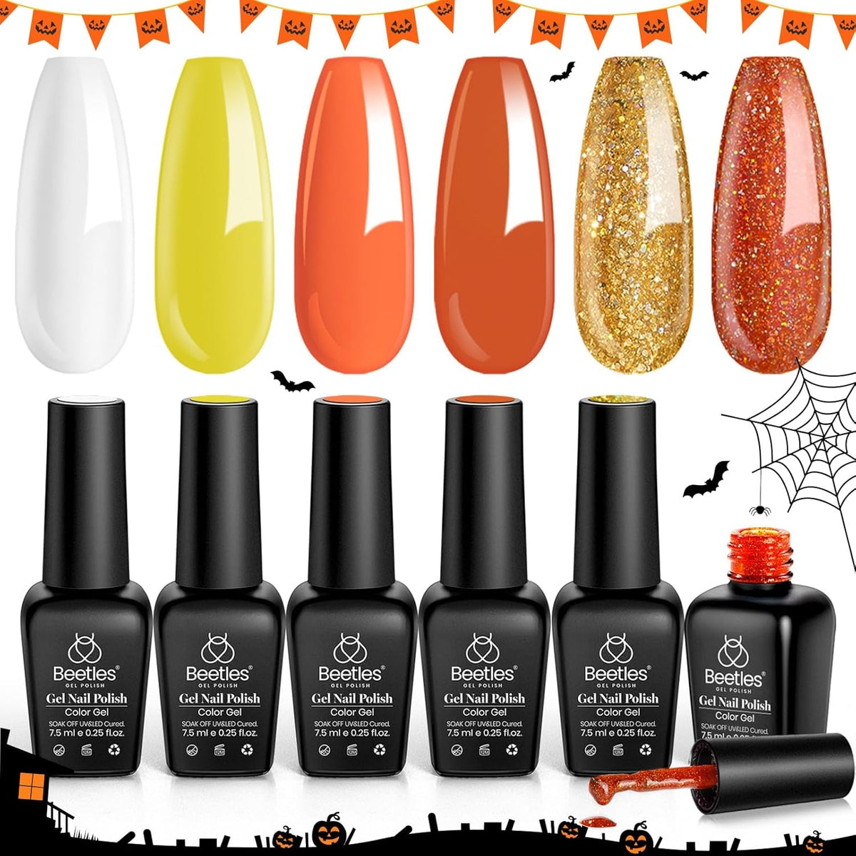 Beetles Orange Gel Nail Polish Set, 6 Colors Yellow White Gold Glitter Gel Nail Polish Kit Fall Winter Nail Gel Polish Soak off Uv LED Lamp Nail Art Design Manicure Gift for Women