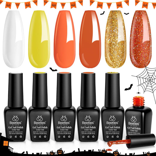 Beetles Orange Gel Nail Polish Set, 6 Colors Yellow White Gold Glitter Gel Nail Polish Kit Fall Winter Nail Gel Polish Soak off Uv LED Lamp Nail Art Design Manicure Gift for Women