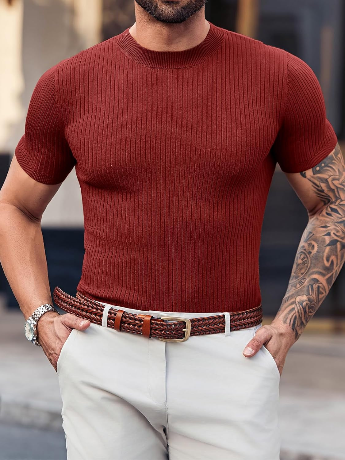 Mens Casual Slim Fit Basic Tops Short Sleeve Shirt Turtleneck T Shirts Rib Knitted Stretch Pullover Sweater