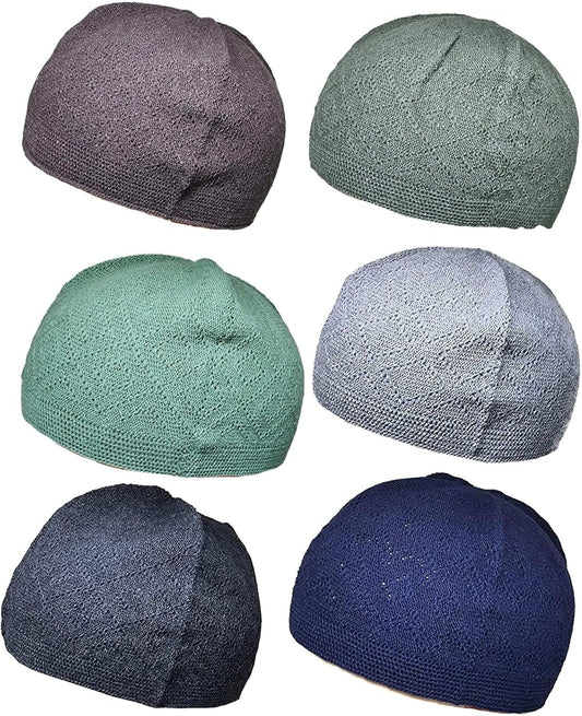 Pack 6 Colors Muslim Beanie Prayer Cap Amn-334 Islam Kufi Hat Knit Crochet Taqiyah Takke Skull Topi Headware Eid Ramadan Gift
