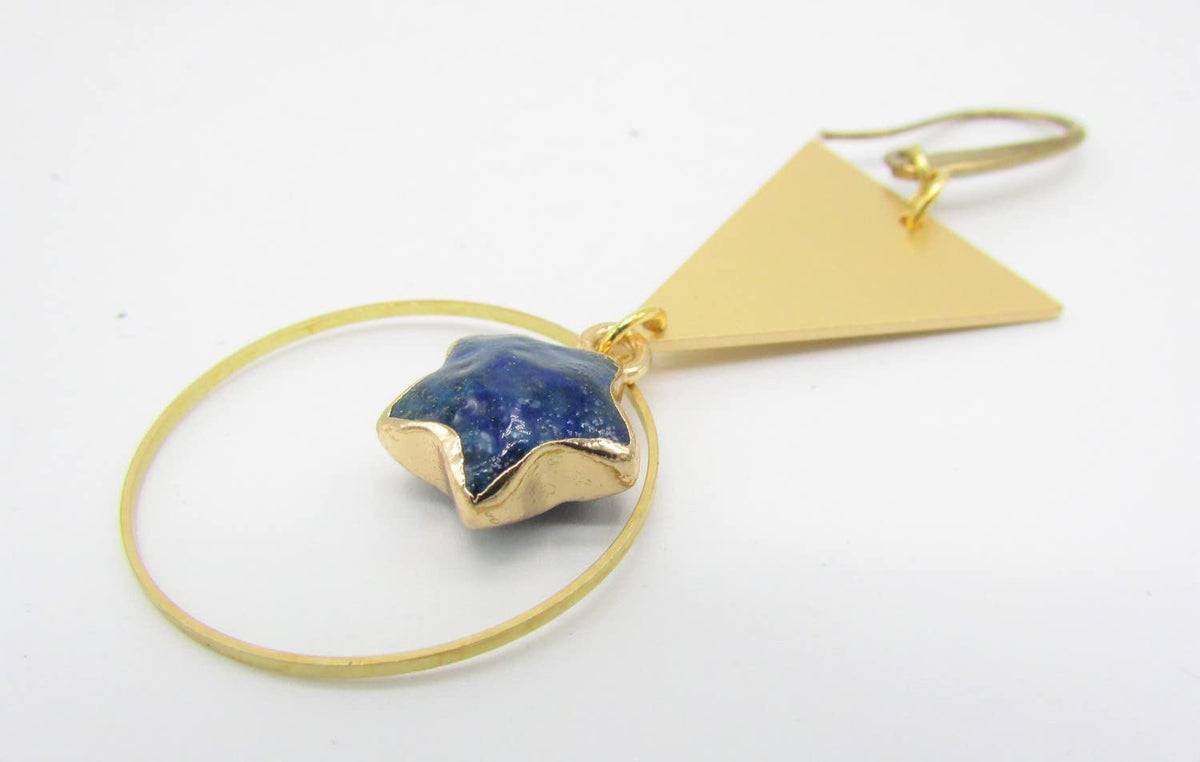 Lapis Lazuli Star Dangles with Brass Triangles & Hoop Links Raw Brass Earrings