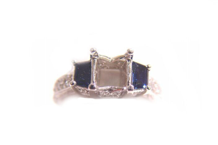 ANTIQUE STYLE SETTING 2 BLUE SAPPHIRE TRAPEZOID CUT .88 CT ROUND DIAMOND SETTING