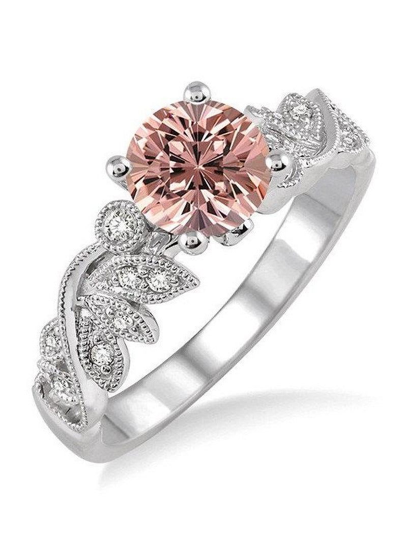 Limited Time Sale 1.25 Carat round Cut Morganite and Diamond Flower Leaf Shape E