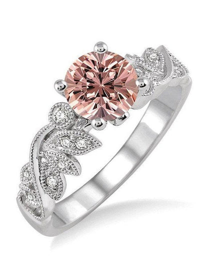 Limited Time Sale 1.25 Carat round Cut Morganite and Diamond Flower Leaf Shape E