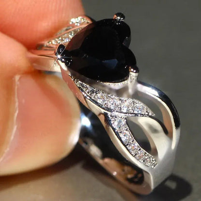 925 Silver Natural Gemstones Black Sapphire Heart Ring Wedding Bride Engagement
