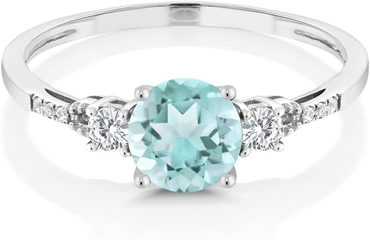 10K White Gold Sky Blue Topaz White Created Sapphire and Diamond Accent 3-Stone